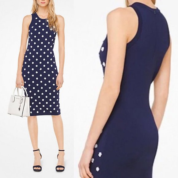 Michael Kors Navy Blue White Sequins Floral Rosette Embellished Knit Midi Dress - Picture 16 of 16
